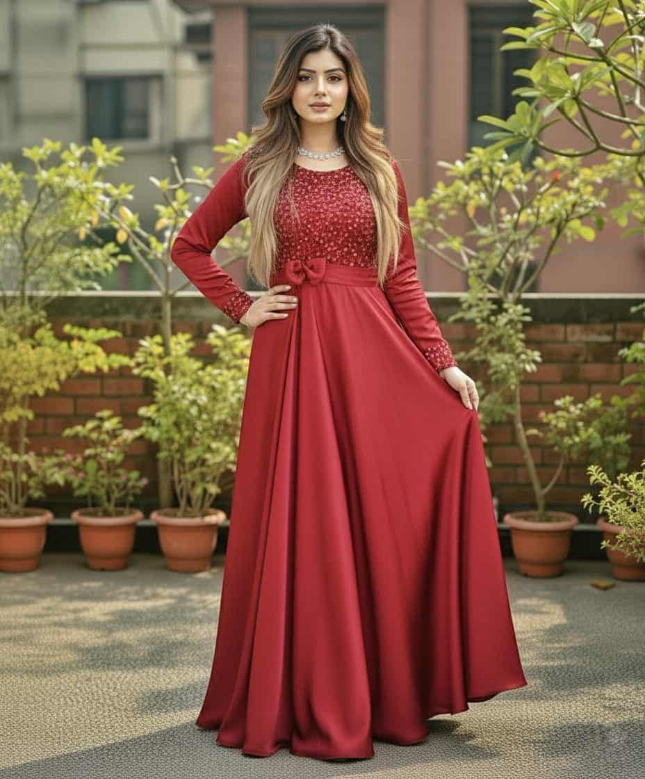 সিক্যুয়েন্স ওয়ার্ক রেডিমেড সিল্ক পার্টি গাউন